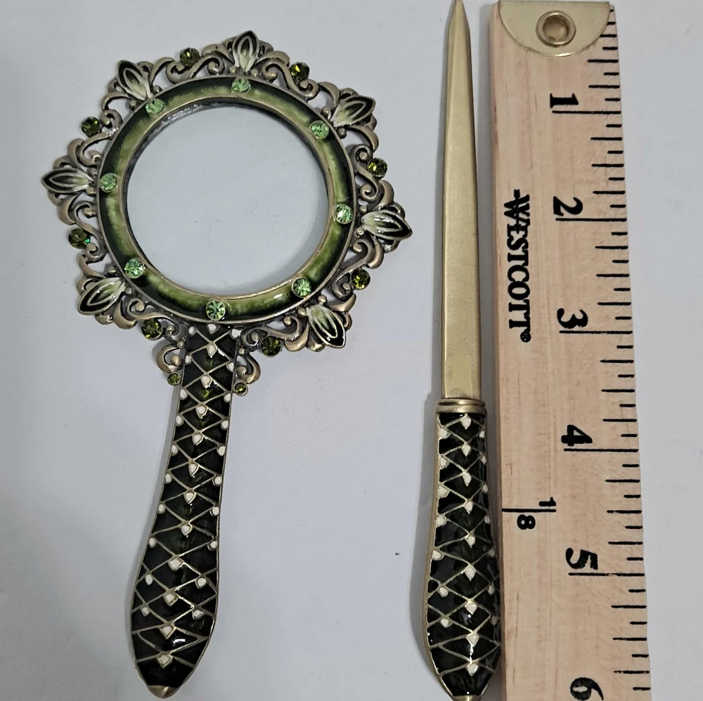 Vintage Magnifying Glass & Letter Opener Set Black & Green Stones EUC - Picture 4 of 4